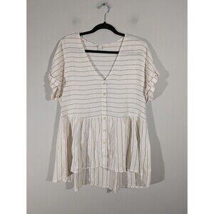 Cato Top Women Sz L Striped Short Sleeve V-Neck Boho Button Down Tunic Lagenlook